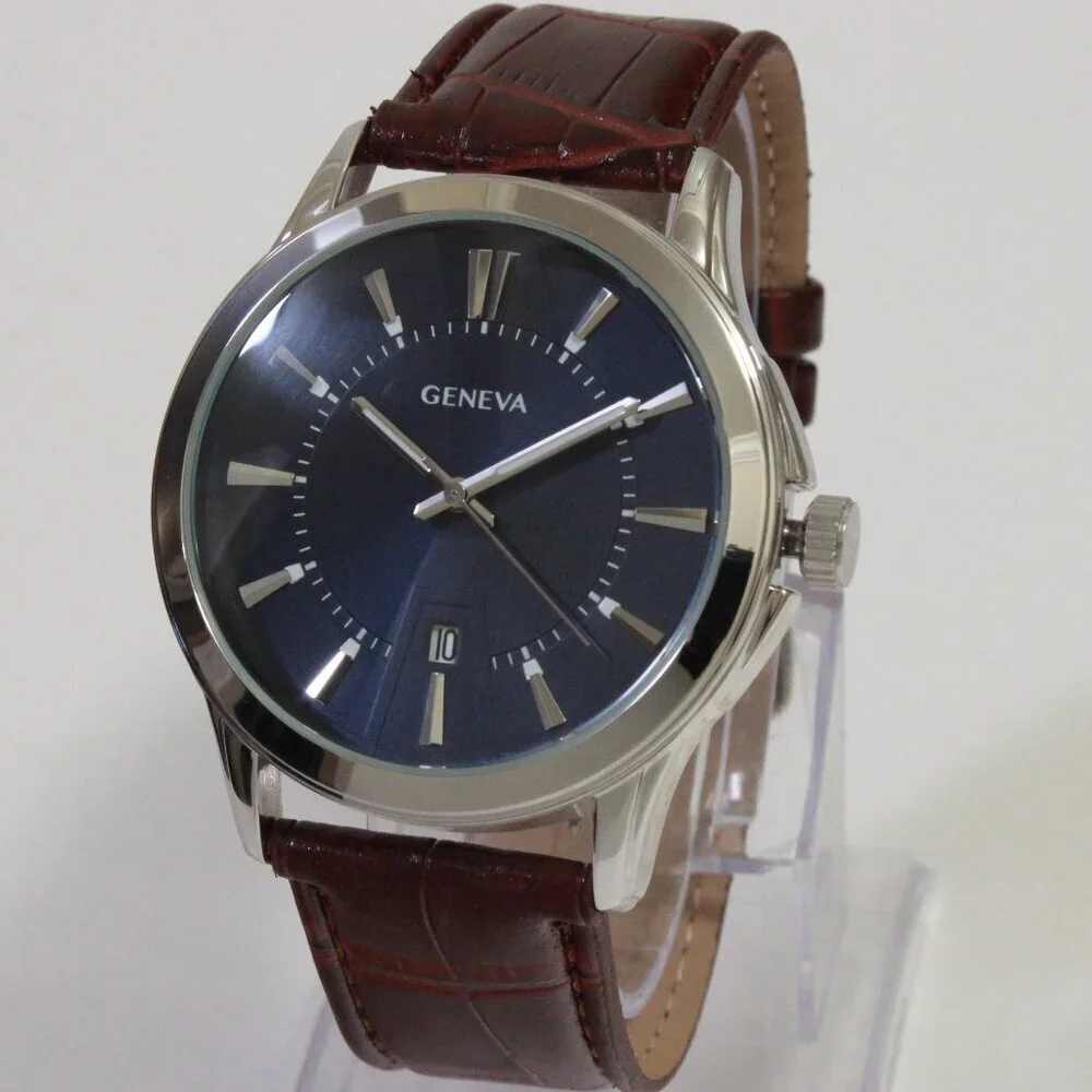 Geneva Men's Dress Watch Silver Tone Navy Blue Dial Brown Strap 42mm
